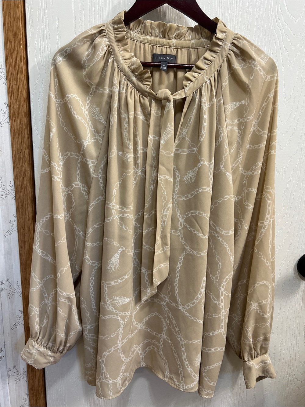 The Limited Tan Chain-Print Tie-Neck Long Sleeve Blouse